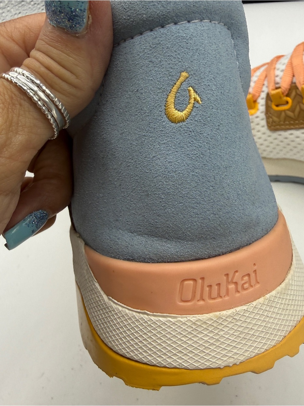 OluKai Women's White Mesh Athletic Sneakers with Peach and Yellow Accents - Picture 6 of 9